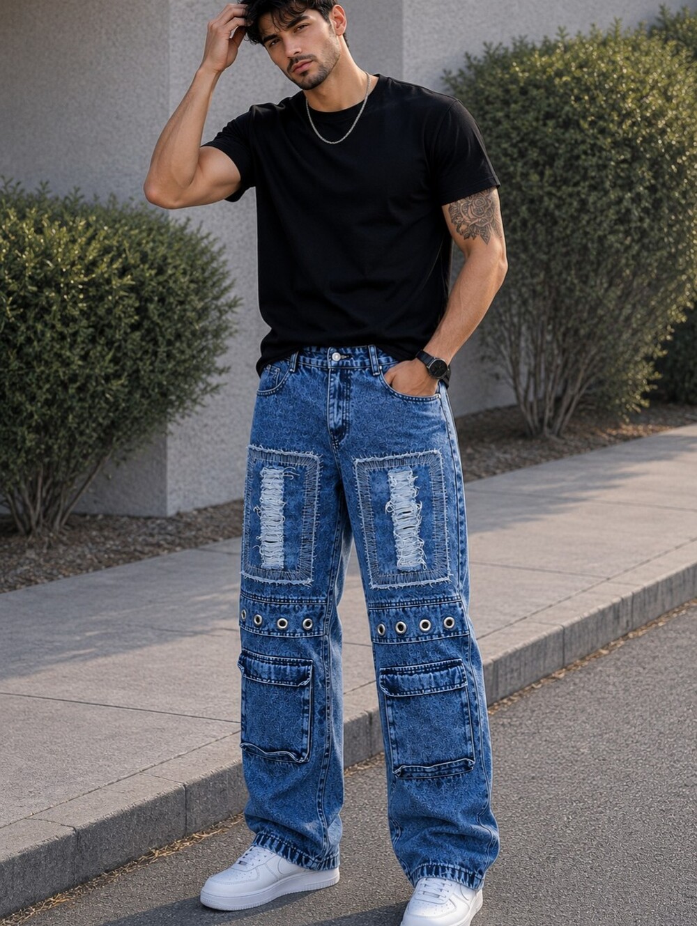 Men's Blue Distressed Cargo Jeans Streetwear Baggy Fit Denim Pants Size 30-38